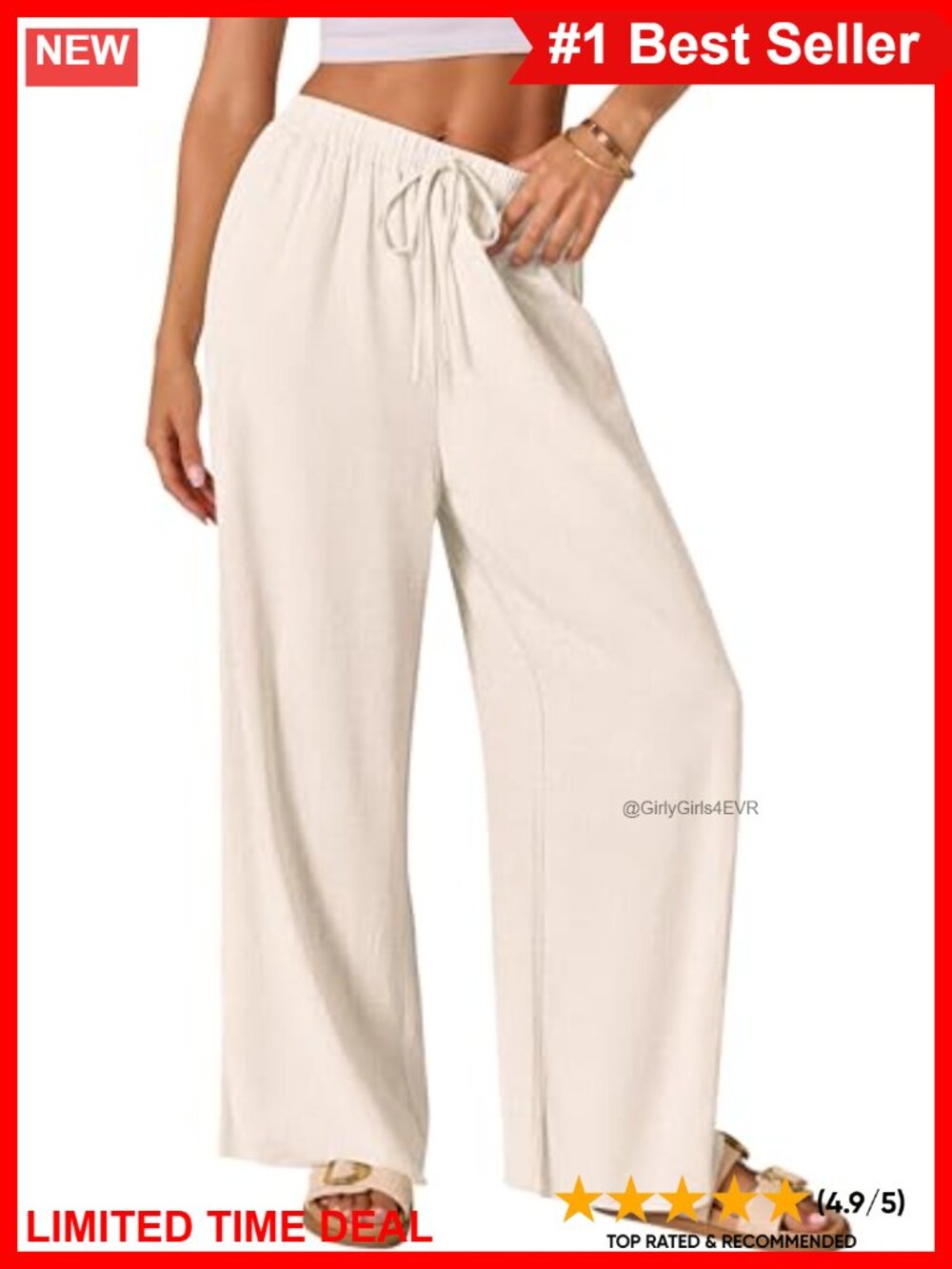 AISEW Cotton Linen Palazzo Pants Drawstring Elastic Waist Wide Leg Trousers